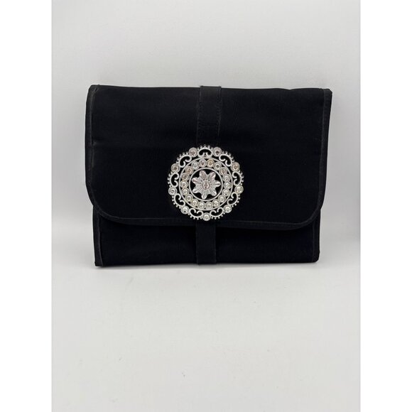 Black Satin Clutch With Silver Embellishment & Magnetic Closure - Picture 1 of 10